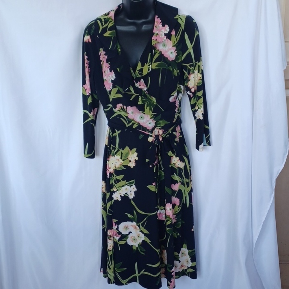 Tommy Hilfiger Faux Wrap Dress Black Floral Ruffle Neckline, lined,  Sz 4
